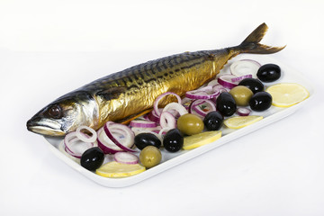 smoked mackerel with lemon and olives