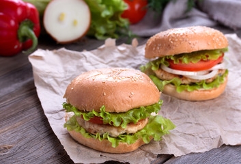 Delicious homemade hamburger on wood
