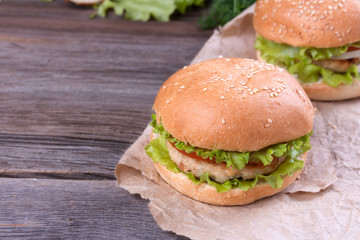 Delicious homemade hamburger on wood
