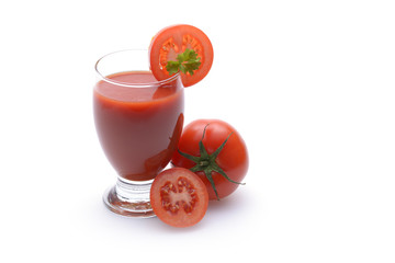 Fresh tomato juice on white background