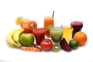Fresh fruit and vegetable juices on white background