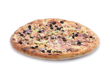 Pizza with ham, onion and olives