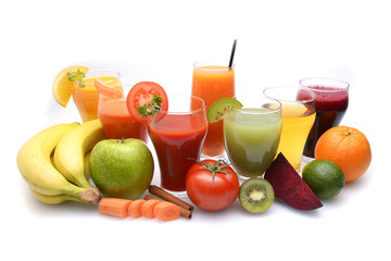 Fresh fruit and vegetable juices on white background