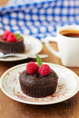 Chocolate muffins with raspberries for breakfast