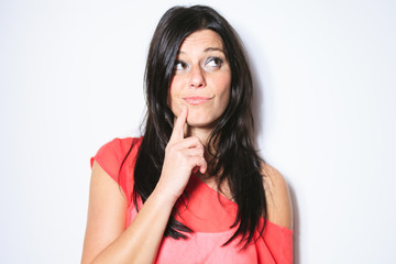 Fototapeta premium Smiling black hair woman on grey background