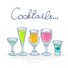 Vector hand drawn illustration with cocktails on white color