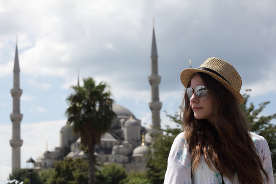 Woman on the Blue Mosque background