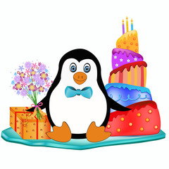 penguin with cake, flowers and present