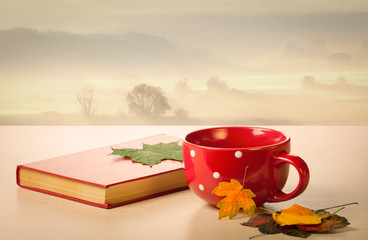 Sunrise, autumn, book, cup