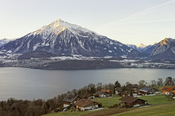 Winter in Switzerland's Alps mountains near the Thun lake