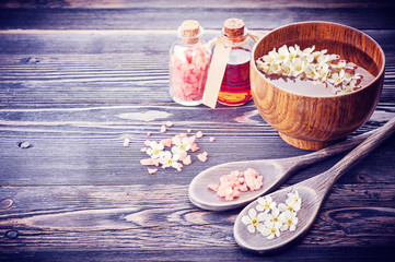 Spa. Aromatherapy essential oils, flowers, sea salt. Spa set