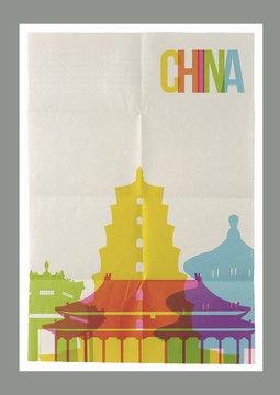 Travel China landmarks skyline vintage poster