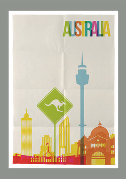 Travel Australia landmarks skyline vintage poster