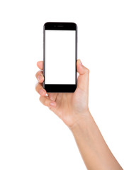 Hand holding mobile smart phone with blank screen Isolated on wh