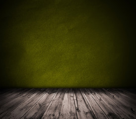 Yellow wall and wooden floor interior background