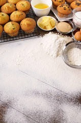 Baking cake muffin cup white flour background with ingredients photo