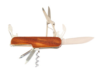 Wooden army knife multi-tool isolated on white background.