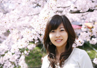 桜と女性