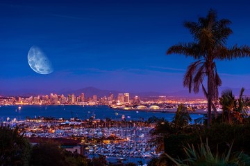 San Diego Night with Moon - obrazy, fototapety, plakaty