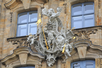 Knight with spear and angels with trumpets statues in Bamberg
