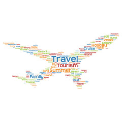 Conceptual travel or tourism plane word cloud