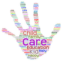 Conceptual child education hand print word cloud isolated