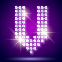 Vintage bulb lamp font of 80s disco with stars. Letter V