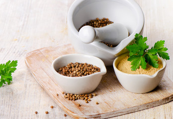 Coriander seeds, fresh coriander leaves and powdered coriander