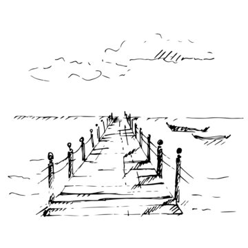 Wooden pier at sea with cloudscape. Sketch.