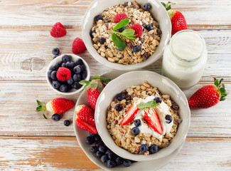 Healthy Breakfast with ripe  berries, yogurt  and  muesli.