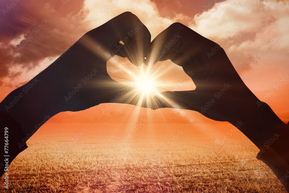 Poster composite image of woman making heart shape with hands