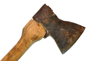 Old axe with rusty head and part of the wooden helve
