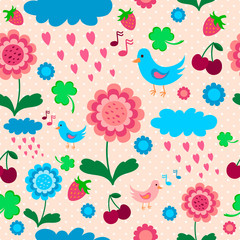 Pink blue pattern with birds, flowers and berries.