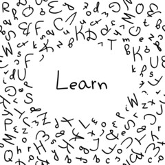 white background filled with letters and word “learn”