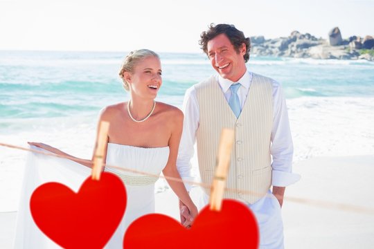 Composite image of newlyweds walking hand in hand and laughing