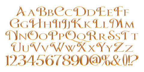 3D gold alphabet letters and digits on white background © dhanu3182