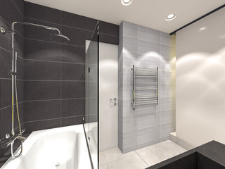 yellow, gray and brown bathroom 3d