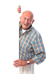 Senior man holds a blank board
