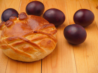 Colored Easter eggs and homemade bread