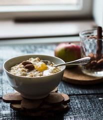 oatmeal with milk and honey and nuts, breakfast, healthy food, i