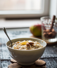 oatmeal with milk and honey and nuts, breakfast, healthy food, i