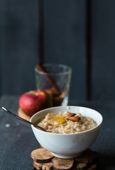 oatmeal with milk and honey and nuts, breakfast, healthy food, i