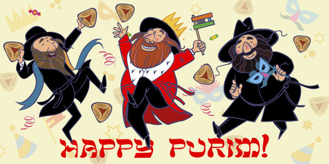 Funny Happy Purim greeting card. Vector illustration