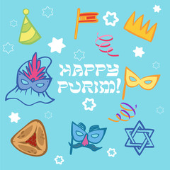 Funny Happy Purim icon set. Vector illustration