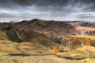 Beautiful aerial view of moonland ,rain clouds in background, Ladakh,Jammu and Kashmir, India