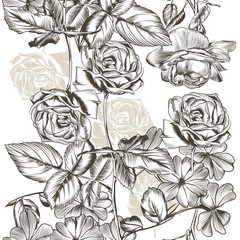 Floral  seamless pattern with roses in engraved style