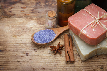 Spa items on wooden background