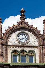 Beautiful old Art Nouveau building with clocks in Budapest, Hung