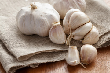 fresh organic garlic on sack cloth