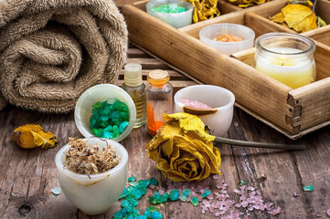wooden box with accessories for Spa treatments